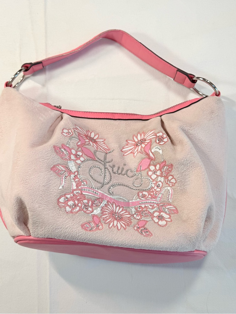 Juicy Couture "Juicy In Bloom" Velour Shoulder Bag Pink Floral Rhinestone Y2K